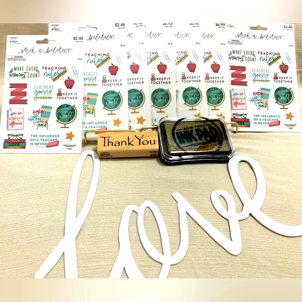 182 pc Teacher Appreciation Themed Stickers & 1 Thank You Rubber Stamp & Ink Pad